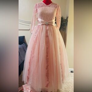 Pink Lace Formal Princess Kids Dress with Satin Bow